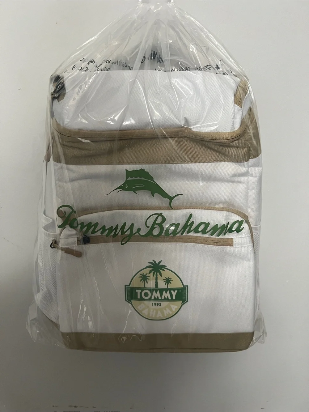 Tommy Bahama White Backpack Cooler with Tan Trim and Green Logo